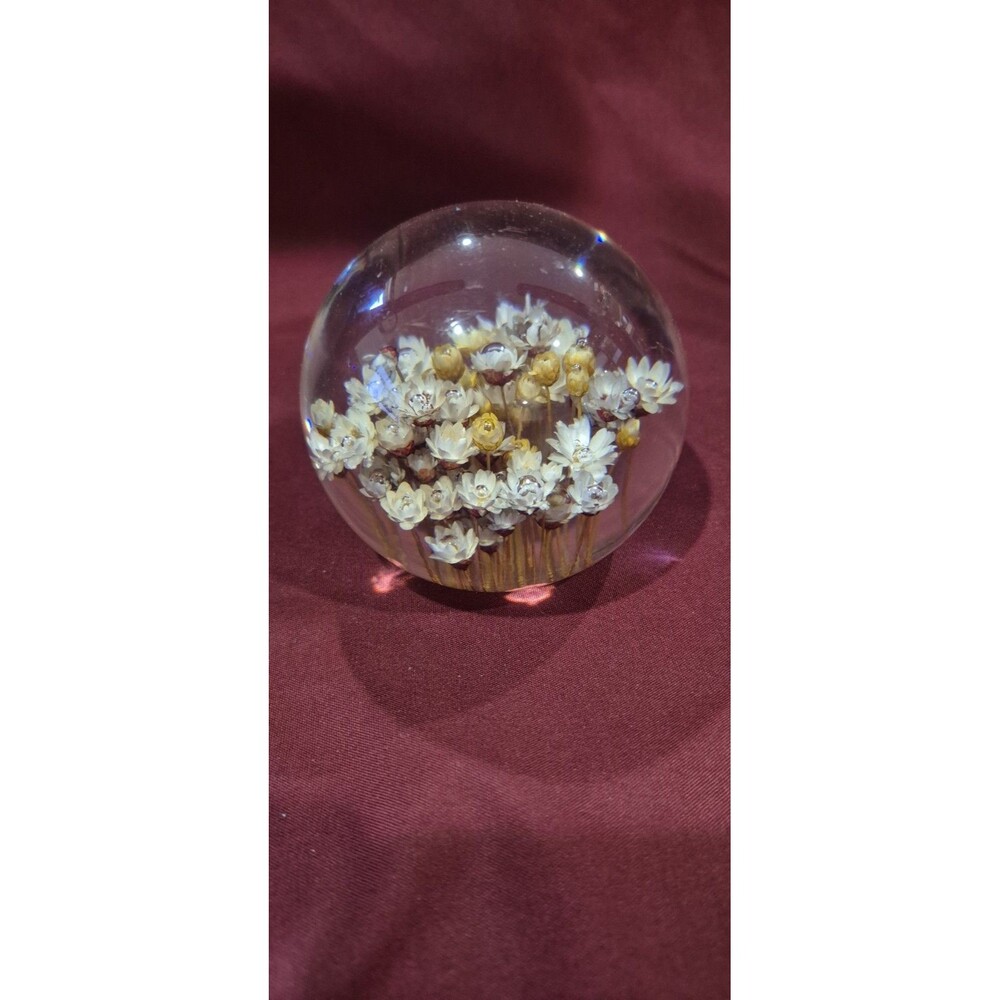 Vintage Lucite Resin Flower Paperweight Sphere Real Dried Wildflowers Botanical